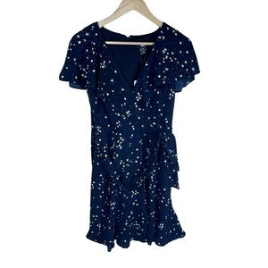 DKNY Womens Navy Zippered Belted Ruffled Hem Lined Floral Flutter Sleeve V Neck